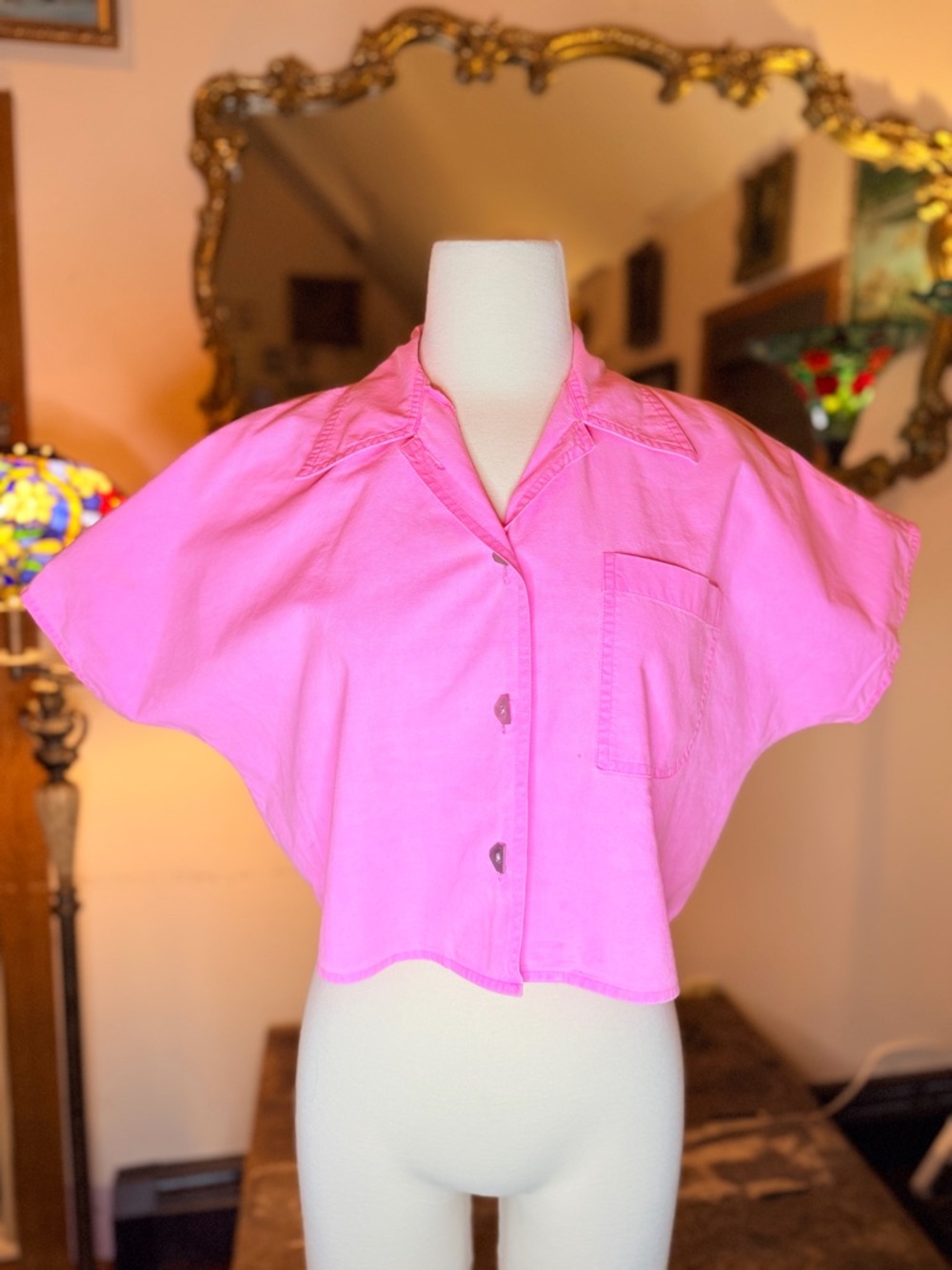 80s vintage cotton woven Pink Cropped Button-Up Top